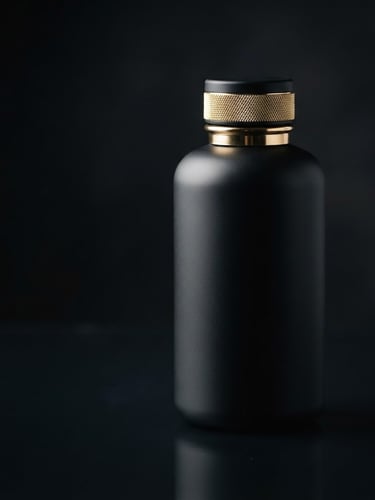 Sleek matte black wellness bottle with gold accents on a dark reflective surface, low-key dramatic studio lighting, macro lens