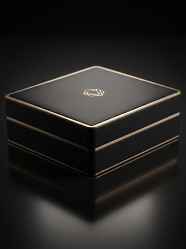 Sleek matte black box with gold accents on a dark reflective surface, low-key dramatic studio lighting, premium product photography