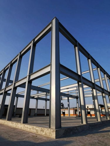 Low-angle architectural shot of exposed structural steel framing against a harsh afternoon sky, strong geometric shadows, sharp concrete foundation visible, wide-angle lens