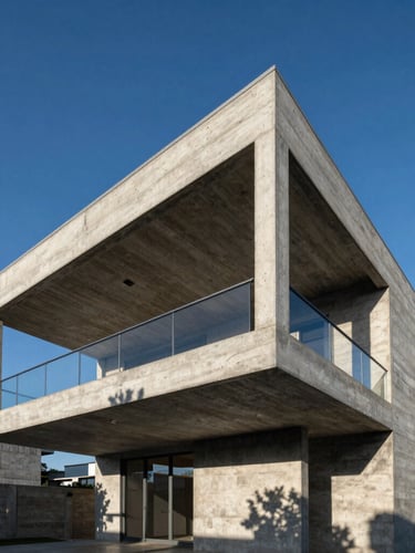 Low-angle architectural shot of a modern raw concrete residence with exposed steel beams, dramatic harsh afternoon shadows, crisp blue sky.