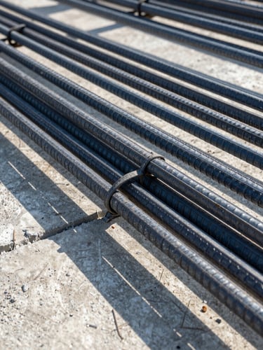 Tight detail shot of raw structural steel reinforcement bars tied together over poured concrete, dramatic afternoon shadows, crisp focus