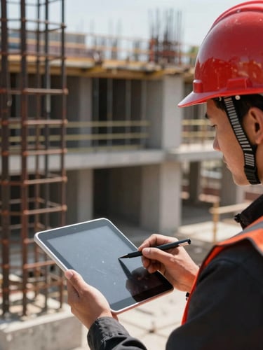 Close-up of a construction manager in a red hardhat holding a tablet, documenting concrete reinforcement on an active building site, high contrast daylight