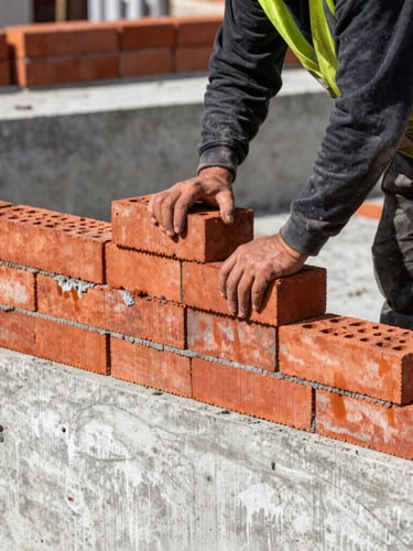Industrial construction photography, close-up of a German bricklayer in high-visibility gear laying clean red bricks on a massive concrete foundation, sharp direct daylight, high contrast
