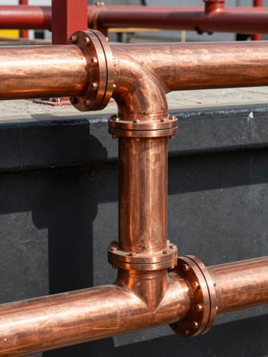 Industrial construction photography of clean copper piping installation, hard direct daylight, high contrast red and black tones, sharp focus, 35mm lens