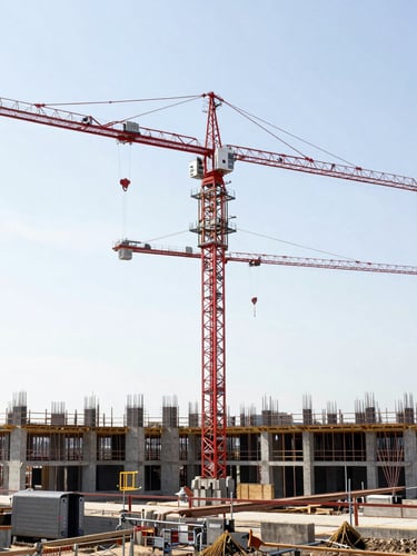 Wide environmental shot of an active large-scale construction site in Germany, cranes against a bright sky, raw concrete structures, daylight