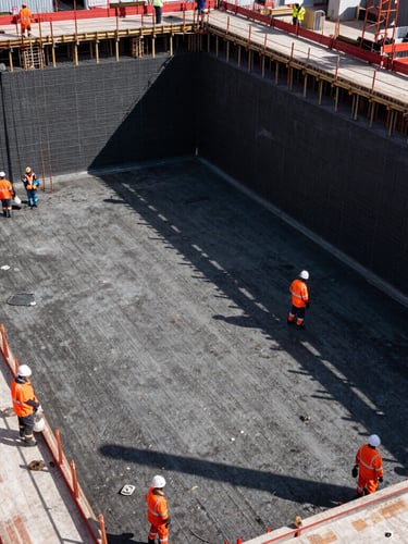 Wide angle industrial construction photography of a massive concrete foundation pour, active construction workers in high-visibility orange gear, hard direct daylight casting sharp shadows, high contrast red and black tones, 35mm lens