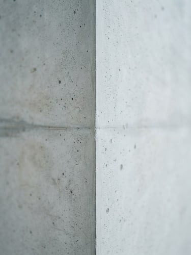Macro detail of a clean architectural concrete corner under cool overcast daylight, sharp focus, 35mm