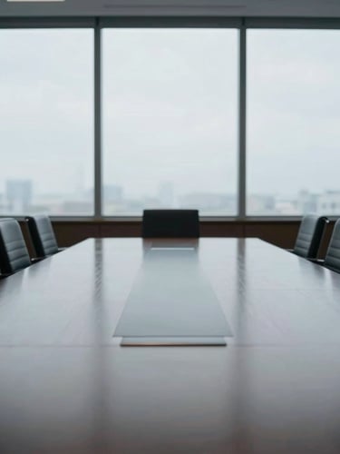 An empty corporate boardroom with natural light reflecting off a polished dark wood table, cool overcast daylight, desaturated tones