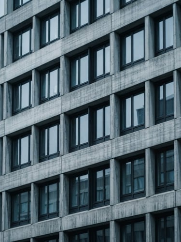 A sharp architectural crop of a modern concrete office facade under cool overcast daylight, soft shadows, desaturated blue tones, 35mm photography