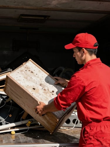 A professional handyman in a red uniform loading junk into a clean black trailer, bright Richmond outdoor daylight, high contrast, 35mm