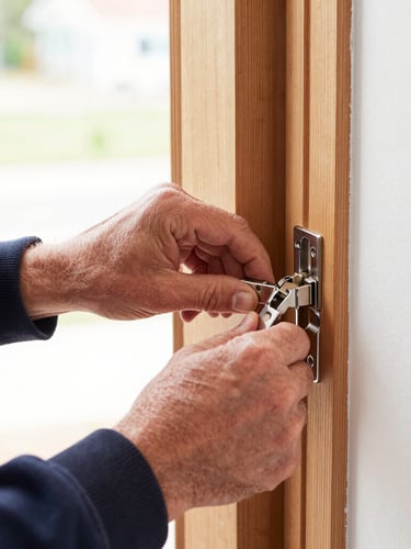 Close-up action shot of a professional carpenter's hands installing a clean wooden door hinge in a bright Richmond home, sharp editorial photography, bright natural daylight, high contrast red and black tones, crisp details, 35mm