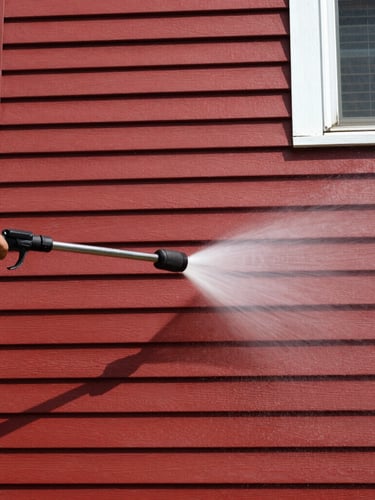Sharp editorial photography of professional pressure washing on vinyl siding of a Richmond VA home, bright natural daylight, high contrast red and black tones, 35mm