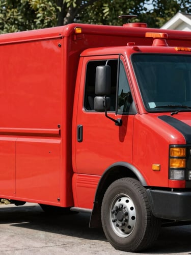 A clean red and black service truck parked in a sunny Richmond VA suburban driveway, sharp editorial photography, high contrast red and black tones, 35mm