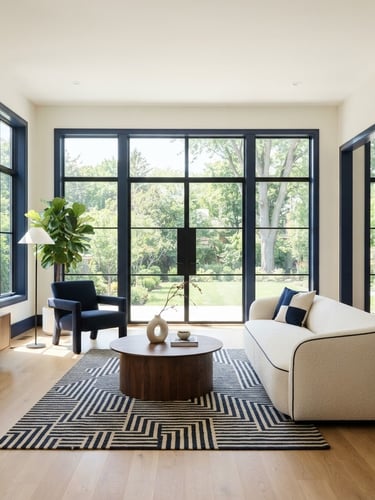 Architectural photography of a minimalist modern living room with pristine off-white walls, sharp navy trim, and bright natural daylight streaming through large windows.