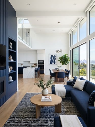 Immaculate modern home interior with crisp white walls and sharp navy accents, flooded with bright natural Bay Area light, architectural photography