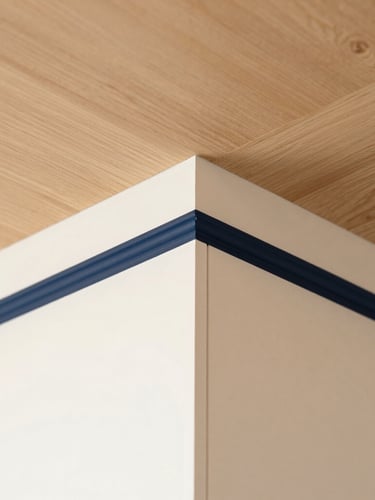 Extreme close-up of a perfect paint edge meeting a natural oak ceiling, crisp lines, bright natural daylight, warm cream and navy tones