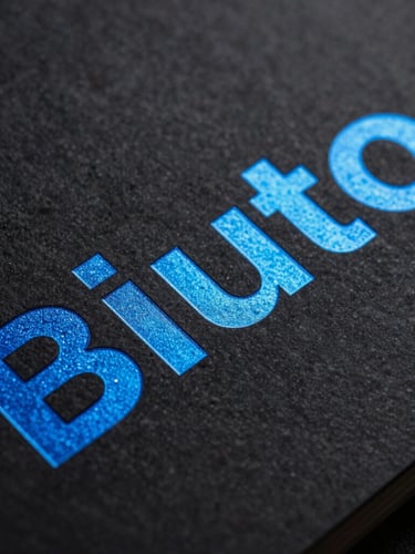Tight macro shot of a physical brand book with electric blue foil lettering on matte black paper, dynamic studio lighting, high contrast.