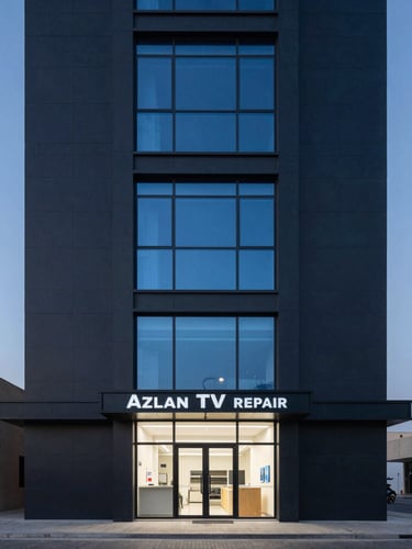 Clean storefront of Azlan TV Repair at Spring Oasis Tower in Dubai Silicon Oasis, straight-on architectural shot during dusk