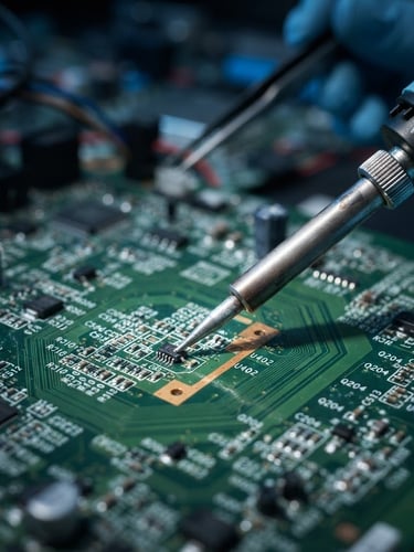 Extreme macro close-up of a technician using a fine soldering iron on a green television motherboard, cool focused studio lighting, electric blue accents, shallow depth of field