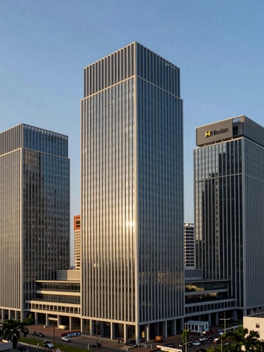 Vue aérienne grand angle du quartier des affaires du Plateau à Abidjan, architecture moderne sous une lumière de fin d'après-midi, lignes géométriques épurées.