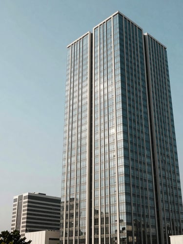 Wide environmental view of a modern high-rise office in Abidjan Plateau district, clean architectural lines, bright natural daylight reflecting on glass facades, negative space on the left.