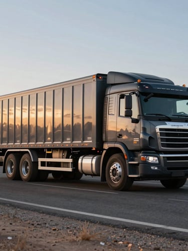 Side view of a heavy-duty commercial cargo truck driving on a clean desert highway at dawn, metallic highlights, sharp focus, industrial photography.