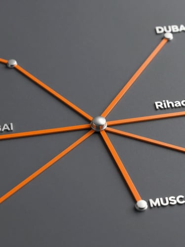 Technical vector-style route map showing shipping lines radiating from Dubai to Riyadh and Muscat, clean industrial gray background, high-contrast orange route lines.