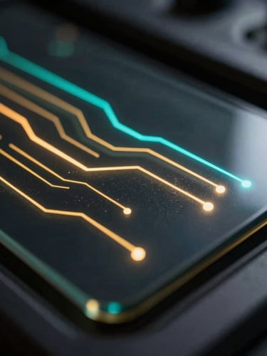 Macro close-up of a dark glassmorphic dashboard showing glowing gold and cyan algorithmic lines, high-contrast cinematic lighting with sharp edge-glows