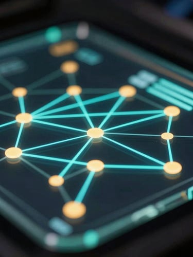 Macro close-up of a glassmorphic dashboard interface, glowing neon cyan data lines connecting golden nodes, dark background with cinematic depth of field.