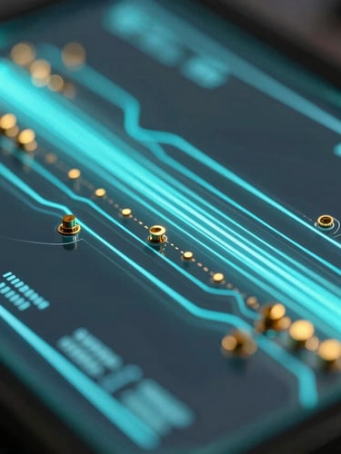 Macro close-up of a high-tech glassmorphic interface showing detailed data flows, glowing cyan paths, and gold micro-components.