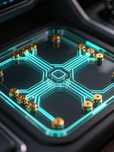 Macro close-up of a 3D glassmorphic dashboard interface, glowing neon cyan data paths, metallic gold hardware nodes, cinematic low-key lighting.
