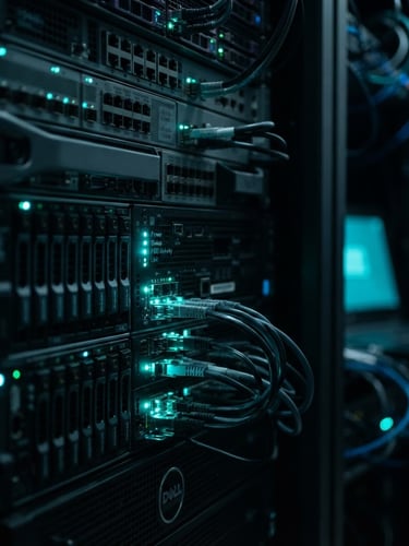 Sleek dark-mode technology photography, macro shot of a server rack with glowing neon teal status lights, deep obsidian background, sharp focus, 35mm lens
