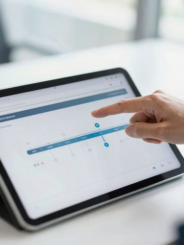 Close-up of a corporate advisor pointing at clear digital timeline graphics on a tablet screen, bright natural daylight, clean workspace.