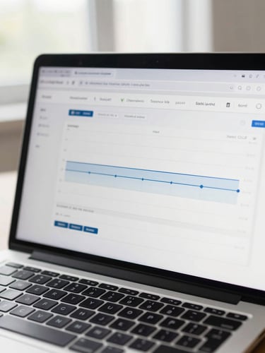 Close-up of a premium laptop screen displaying a clean corporate dashboard with timeline tracking, soft natural lighting, professional cool tones