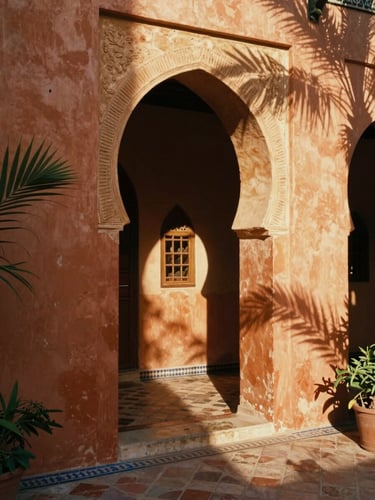 Sun-dappled courtyard of a Moroccan riad, warm golden-hour light filtering through a stone archway, terracotta tiles, shadows of palm leaves, 35mm film texture.