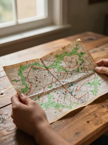Hands holding a worn, hand-drawn map over a rustic wooden table, soft window light, warm tones, 35mm film texture