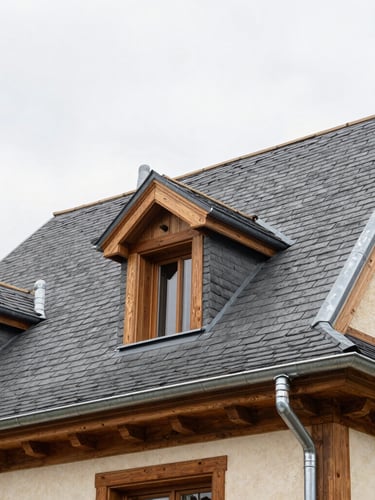 Architectural elevation of a beautifully renovated French house roof with hand-soldered zinc gutters and warm timber trim, natural overcast day, 35mm
