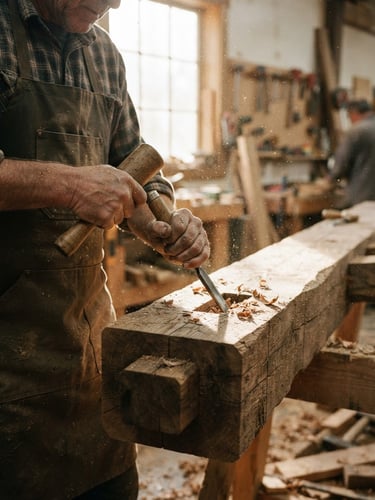 Close-up of a master carpenter's hands shaping a massive oak timber frame in a bright workshop, warm morning sun filtering through dust motes, sharp focus on wood grain, 35mm documentary photography.