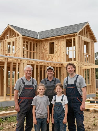 Medium shot of a small family team of carpenters in workwear standing proudly in front of a newly framed timber house, smiling naturally under soft overcast sky, authentic