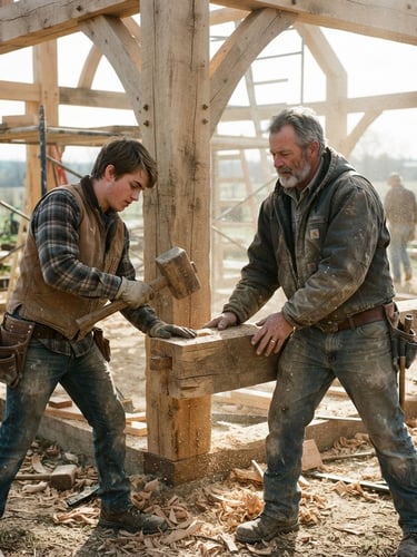 Authentic documentary shot of a father and son carpenters in workwear adjusting a massive oak timber frame on a sunny morning, sawdust in the air, 35mm
