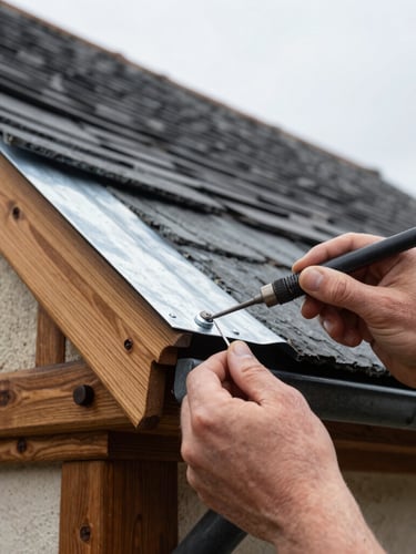 Close-up of hands soldering a zinc roof joint on a traditional French house, overcast daylight, sharp details on the metalwork, honest documentary photography