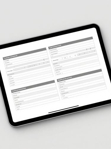 Crisp digital tablet mockup displaying a fillable PDF workbook with highlighted input fields, bright high-key studio lighting, clean gray background