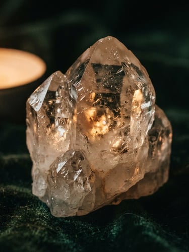 Close-up macro photography of a raw, translucent quartz crystal reflecting warm golden candlelight, deep forest green velvet background, mystical-noir editorial style