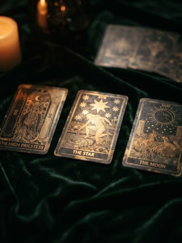 Macro photography of elegant tarot cards on a dark green velvet tablecloth, illuminated by warm candlelight, creating soft gold highlights and deep shadows.