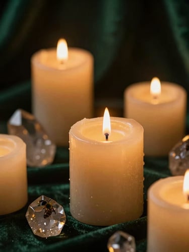 Close-up macro of beeswax candles burning softly in a dim room with dark green velvet background, golden light catching raw quartz crystals, mystical atmosphere.