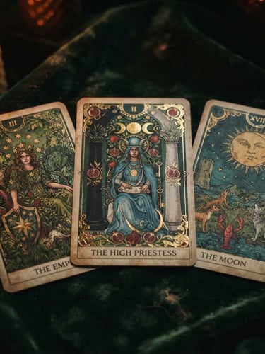 Close-up macro of elegant tarot cards laid out on a dark velvet surface with warm candlelight highlights, deep forest green and gold tones, mystical editorial photography