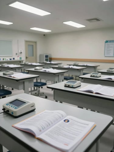 Wide shot of a clinical training room, rows of empty desks with open medical manuals and simulation equipment laid out, overhead fluorescent lighting casting clean shadows, no people present
