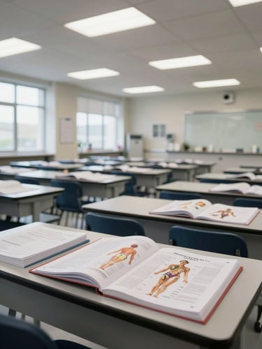 Wide shot of a healthcare training classroom, rows of empty desks with open course manuals and anatomical reference binders, clinical fluorescent overhead lighting, natural daylight from side windows, no people present