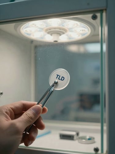Close-up portrait of a physical TLD dosimeter badge being handled with steel forceps inside a glass decontamination hood, sterile clinical lighting.