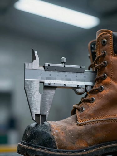 Macro close-up of high-precision steel calipers measuring the sole of a heavy work boot under cold fluorescent factory light, high contrast shadows.